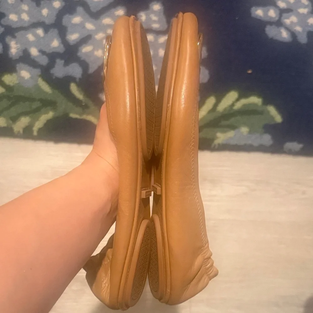 Tory Burch Camel Flats with Gold Logo